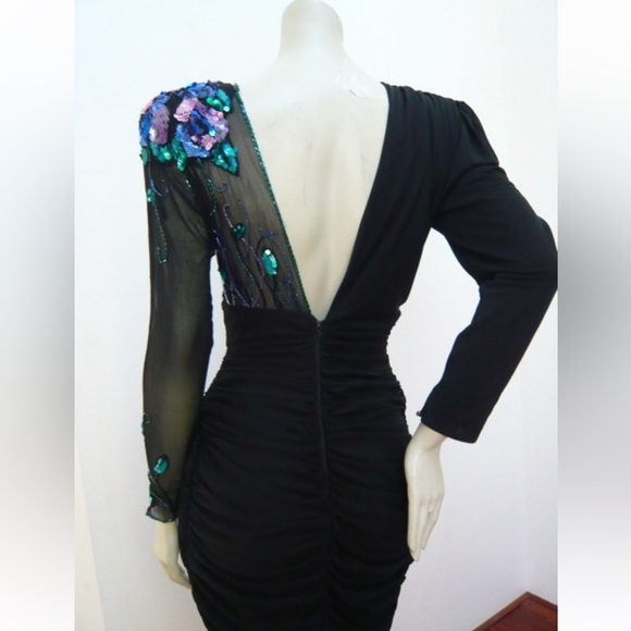 Vtg Casadei Black Sheer Sequin Beaded 80's Glam Ruched Draped Cocktail Dress 8 - Picture 4 of 6